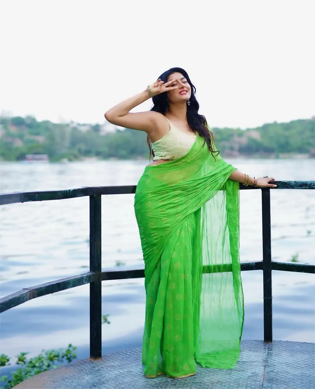 South Indian Actress Akshatha Srinivas in Green Saree